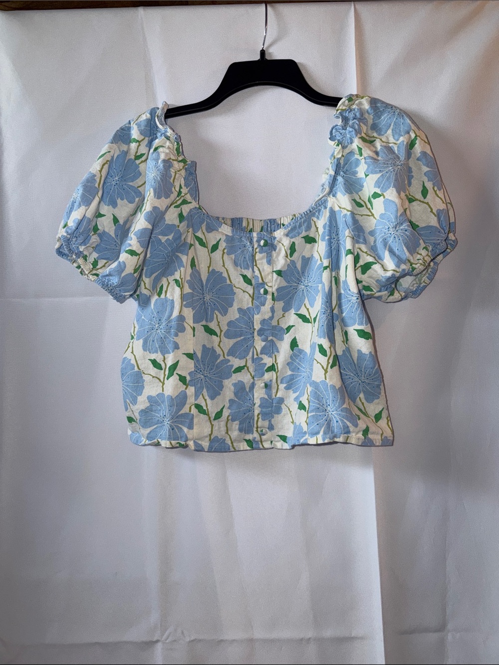 WWW Blue Floral Puff-Sleeve Square-Neck Top - Women